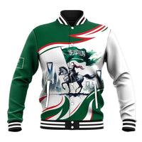 Unisex baseball jacket in green and white with striped rib collar and horse graphic