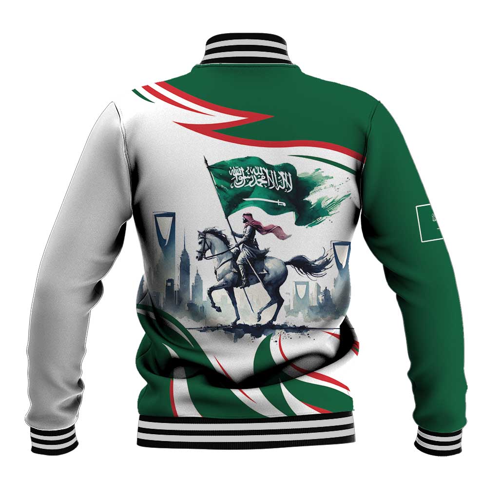 Unisex baseball jacket with green sleeves, white back, striped rib trim, horse rider print