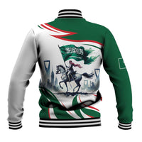 Unisex baseball jacket with green sleeves, white back, striped rib trim, horse rider print