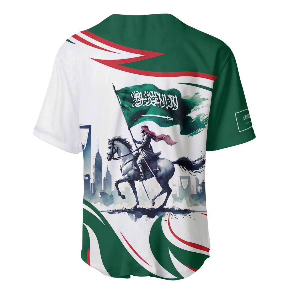 Back view green and white baseball jersey with horse rider and Saudi flag graphic