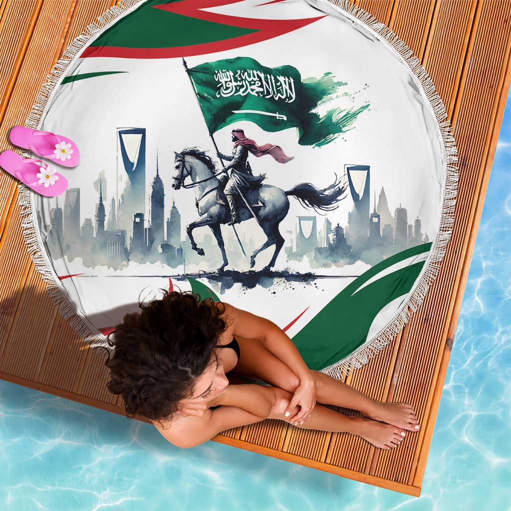 Round horse rider beach blanket with fringed border, laid on poolside deck