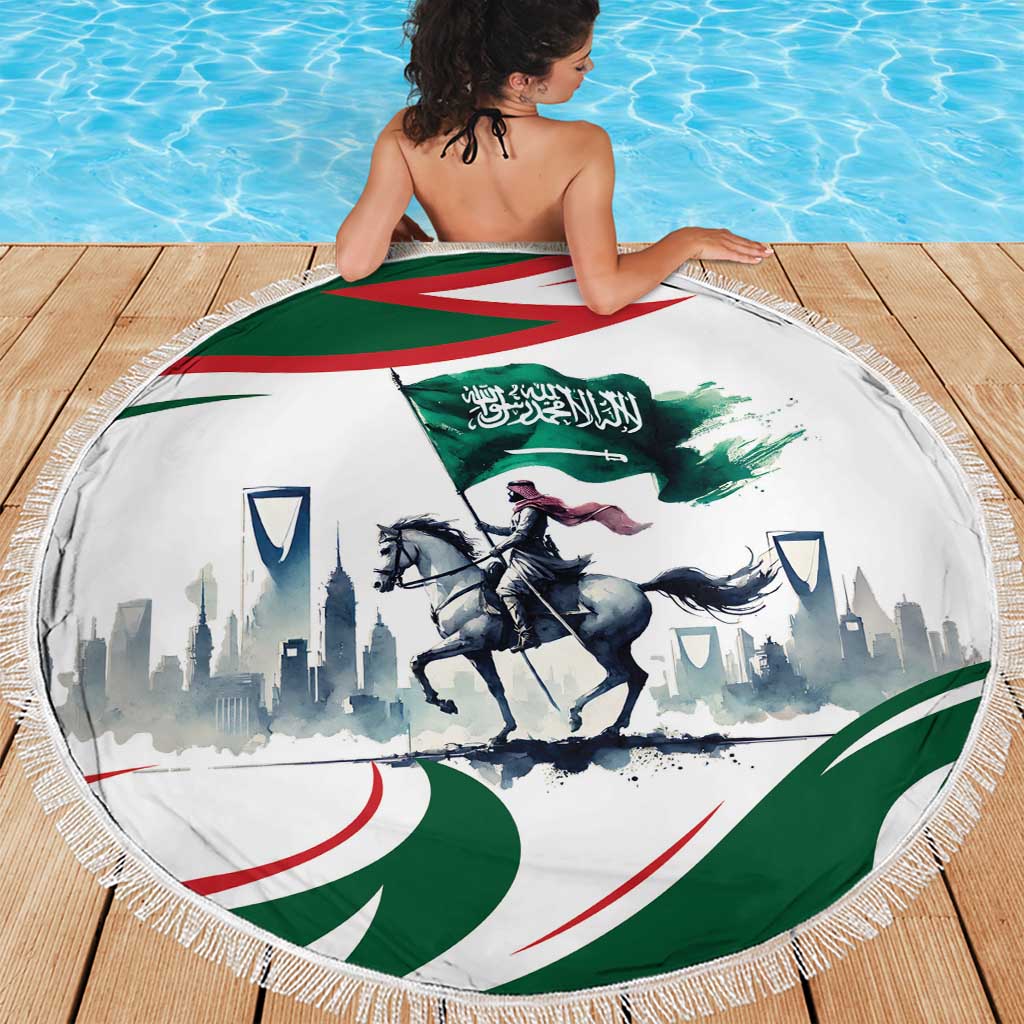 Round green beach blanket with Saudi flag, horse rider artwork, and fringed edge