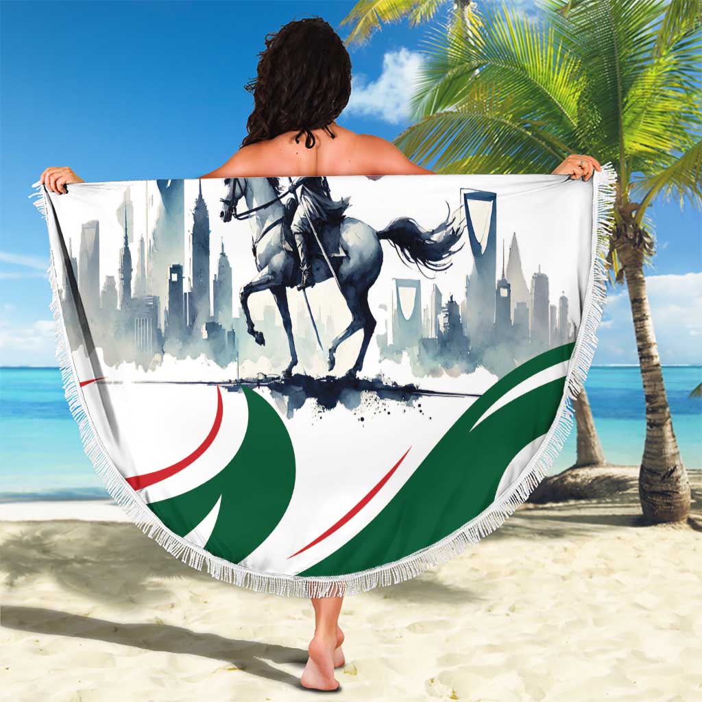 Round Saudi flag horse rider beach blanket with fringed border, held open on sand
