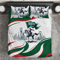 Duvet cover with horse rider and skyline print, green red wave accents, plus 2 pillowcases