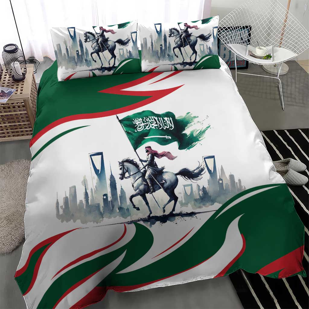 Bedding set close-up: white duvet with green red wave and horse rider print, 2 pillowcases