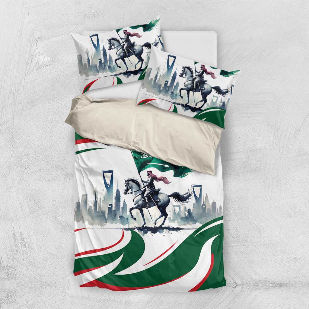 Bedding set with white duvet and green red horse rider skyline design, 2 pillowcases