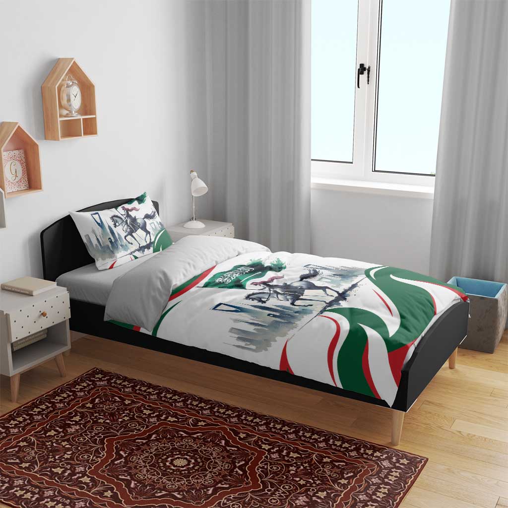 Bedding set with white base and green red accents, horse rider artwork, 2 matching pillowcases