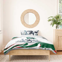 Bedding set with white duvet and green/red horse rider flag design, single pillow visible