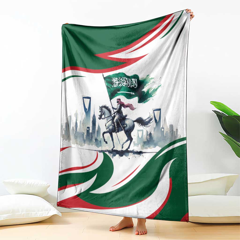 Saudi horse rider throw blanket with green flag, red accents, and rider graphic