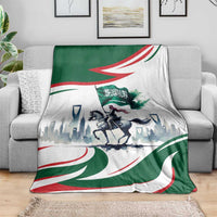 Saudi horse rider blanket draped on sofa, white with green and red patriotic design