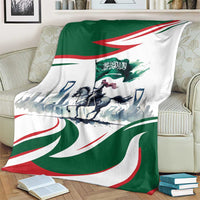 Saudi horse rider blanket with green top panel, white field, and red curved accents
