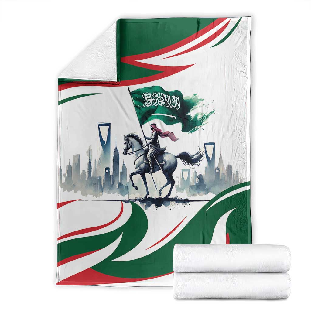 Saudi horse rider blanket set, folded white throw with green and red flag and rider
