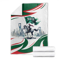 Saudi horse rider blanket set, folded white throw with green and red flag and rider