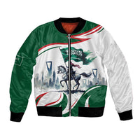 Unisex green bomber jacket with white panel, full-zip front, bold horse rider graphic