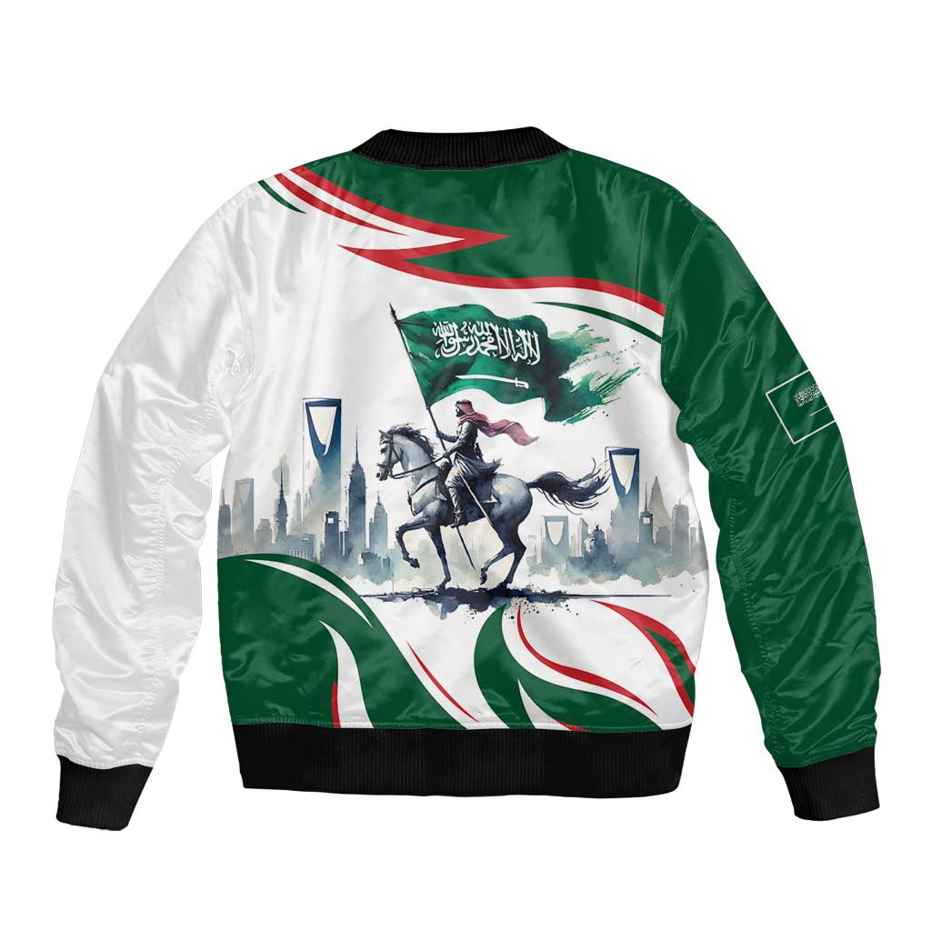 Unisex green bomber jacket with white back panel, ribbed hem & cuffs, horse rider graphic