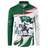 Green and white graphic button henley sweatshirt with horse rider and flag print