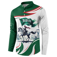 Green and white graphic button henley sweatshirt, front view with horse rider flag print