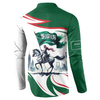 Green and white graphic button henley sweatshirt, back view with horse rider flag print