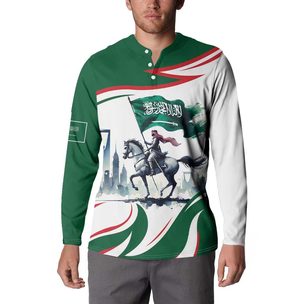 Green and white graphic button henley sweatshirt on model, horse rider and flag print