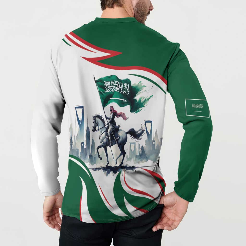 Green and white graphic button henley sweatshirt, rear view with horse rider flag print