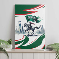 Framed canvas wall art with horse rider and Saudi flag waves over a city skyline