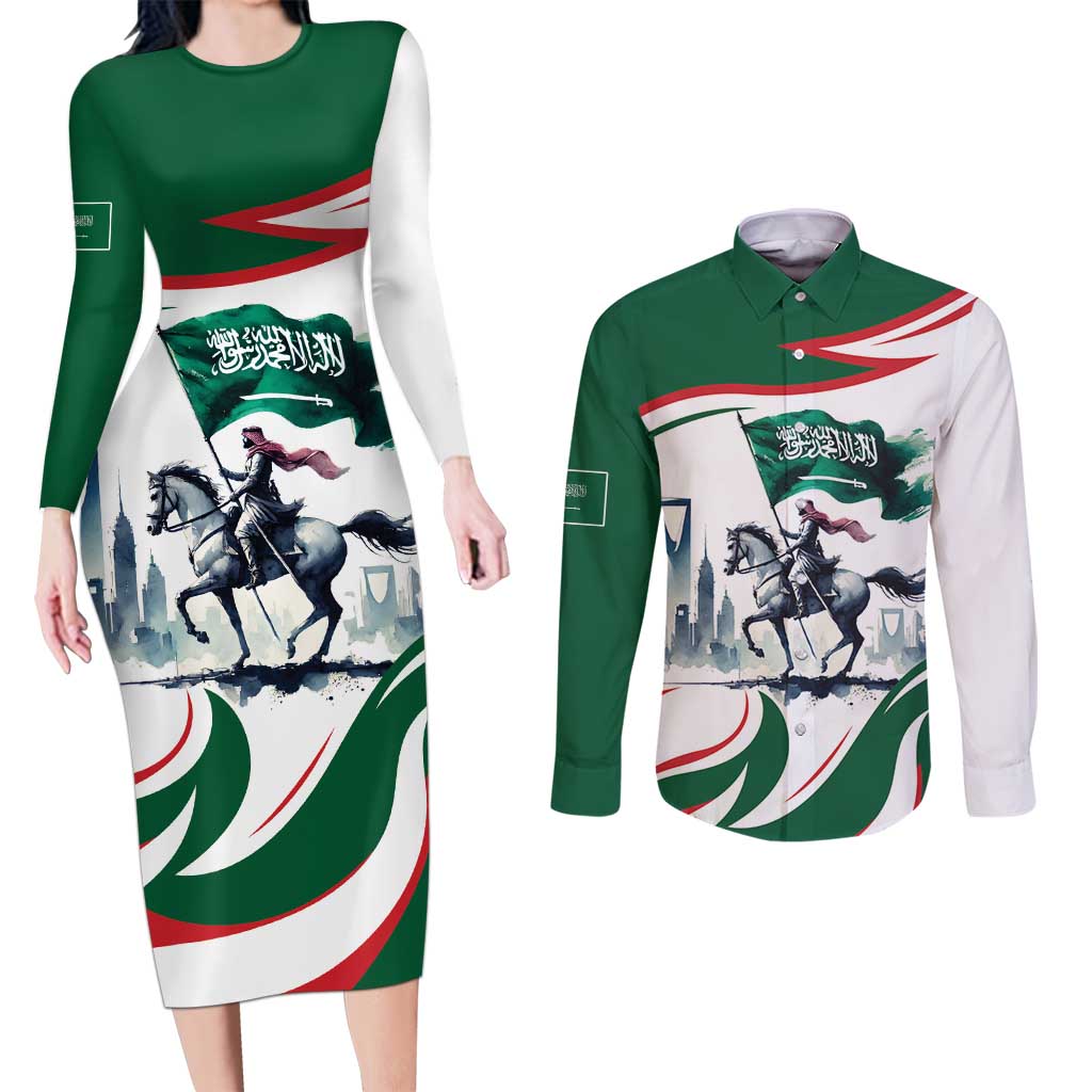 Saudi Arabia Horse Riders Couples Matching Long Sleeve Bodycon Dress and Long Sleeve Button Shirt Arab Style - Wonder Print Shop