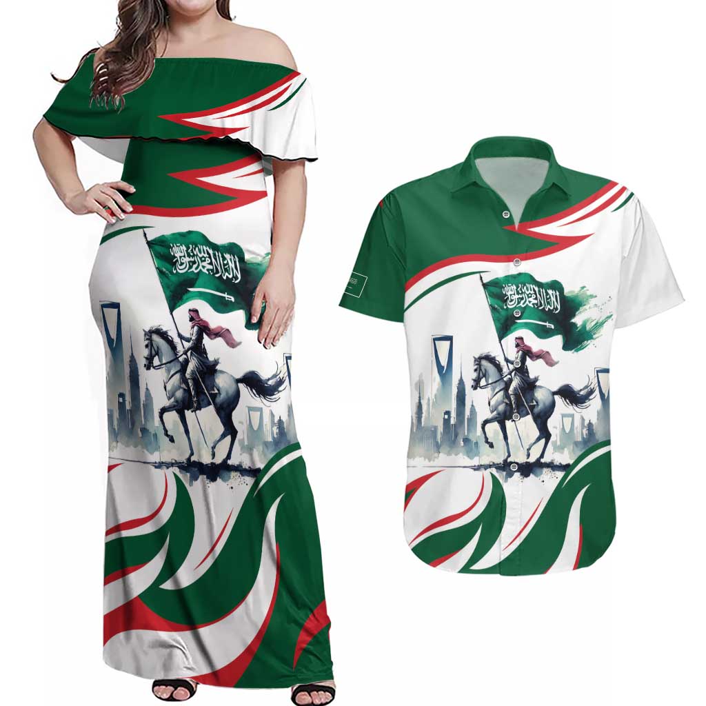 Saudi Arabia Horse Riders Couples Matching Off Shoulder Maxi Dress and Hawaiian Shirt Arab Style - Wonder Print Shop