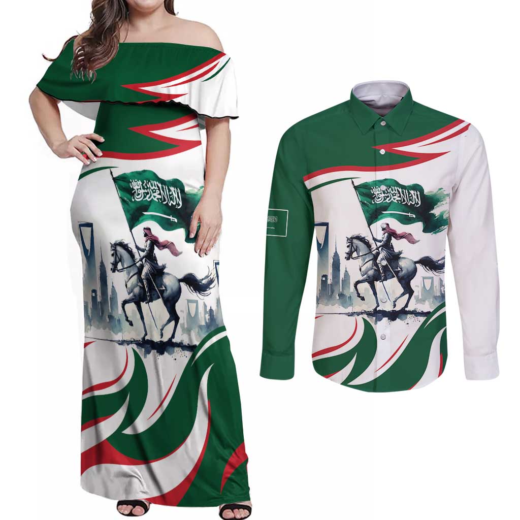 Saudi Arabia Horse Riders Couples Matching Off Shoulder Maxi Dress and Long Sleeve Button Shirt Arab Style - Wonder Print Shop