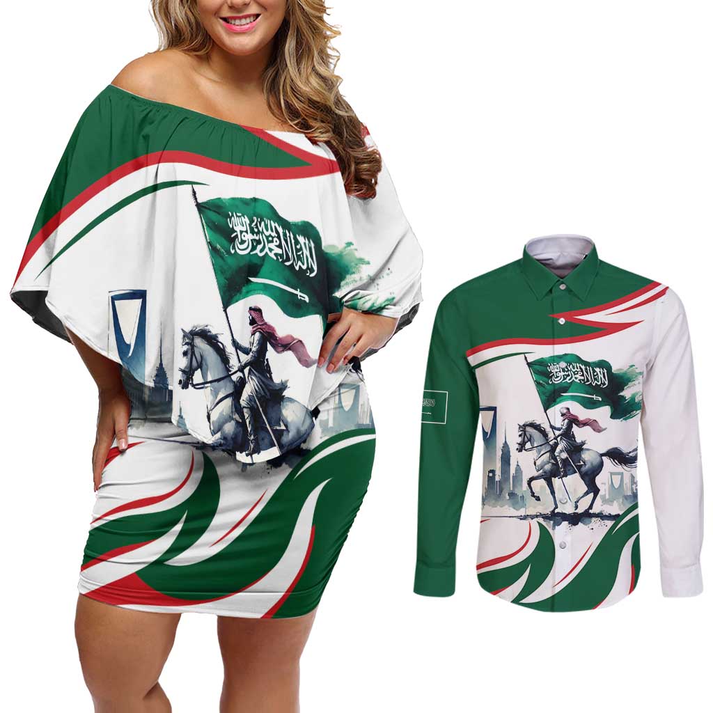 Saudi Arabia Horse Riders Couples Matching Off Shoulder Short Dress and Long Sleeve Button Shirt Arab Style - Wonder Print Shop