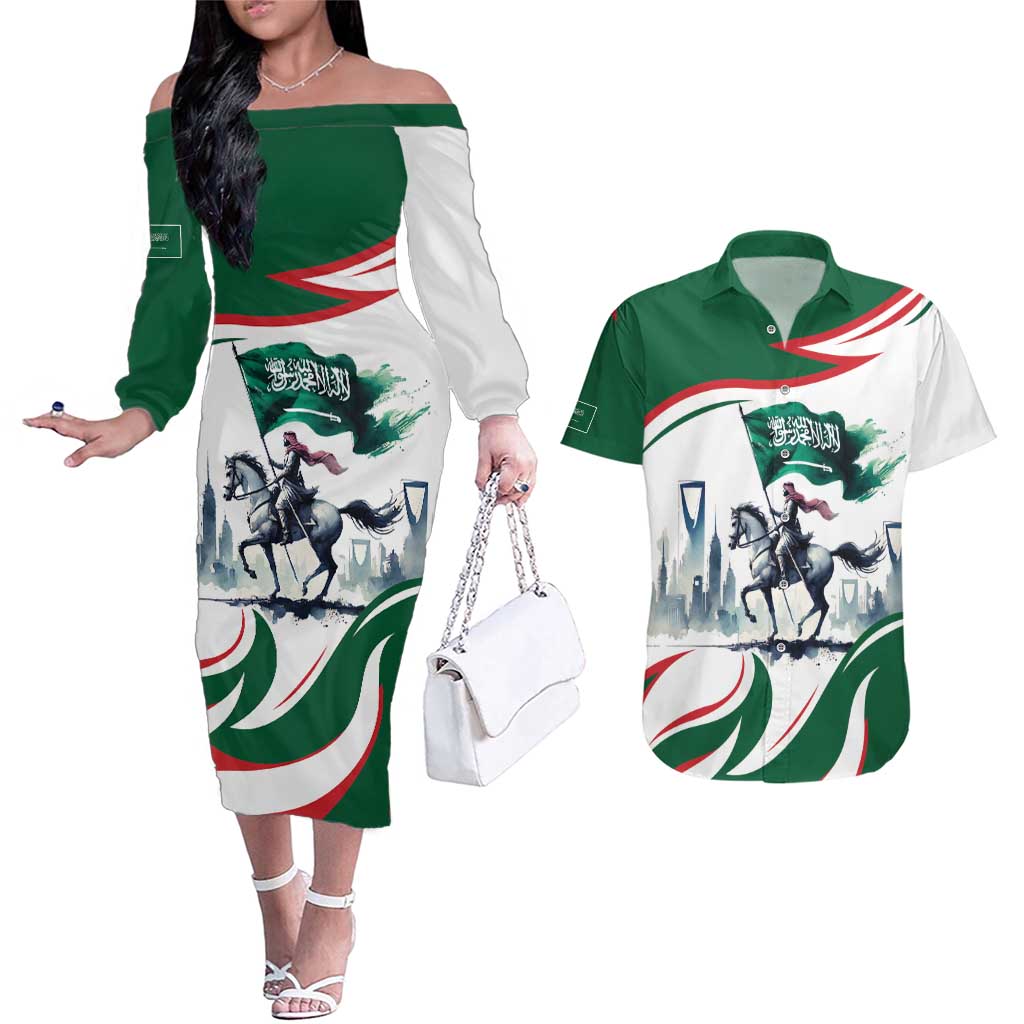 Saudi Arabia Horse Riders Couples Matching Off The Shoulder Long Sleeve Dress and Hawaiian Shirt Arab Style - Wonder Print Shop