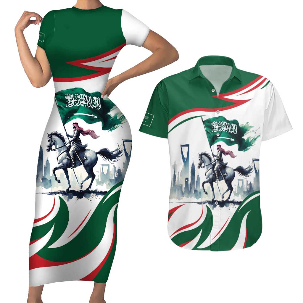 Saudi Arabia Horse Riders Couples Matching Short Sleeve Bodycon Dress and Hawaiian Shirt Arab Style - Wonder Print Shop