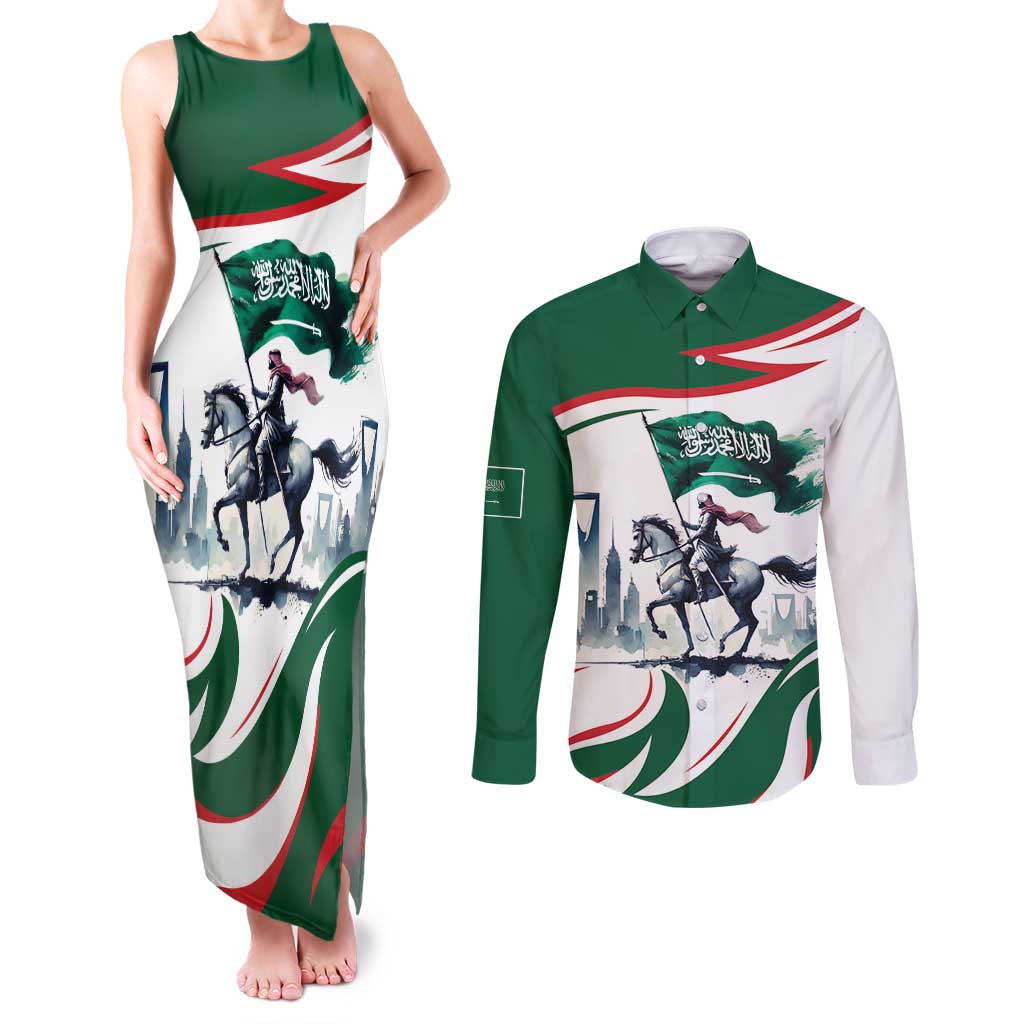 Saudi Arabia Horse Riders Couples Matching Tank Maxi Dress and Long Sleeve Button Shirt Arab Style - Wonder Print Shop