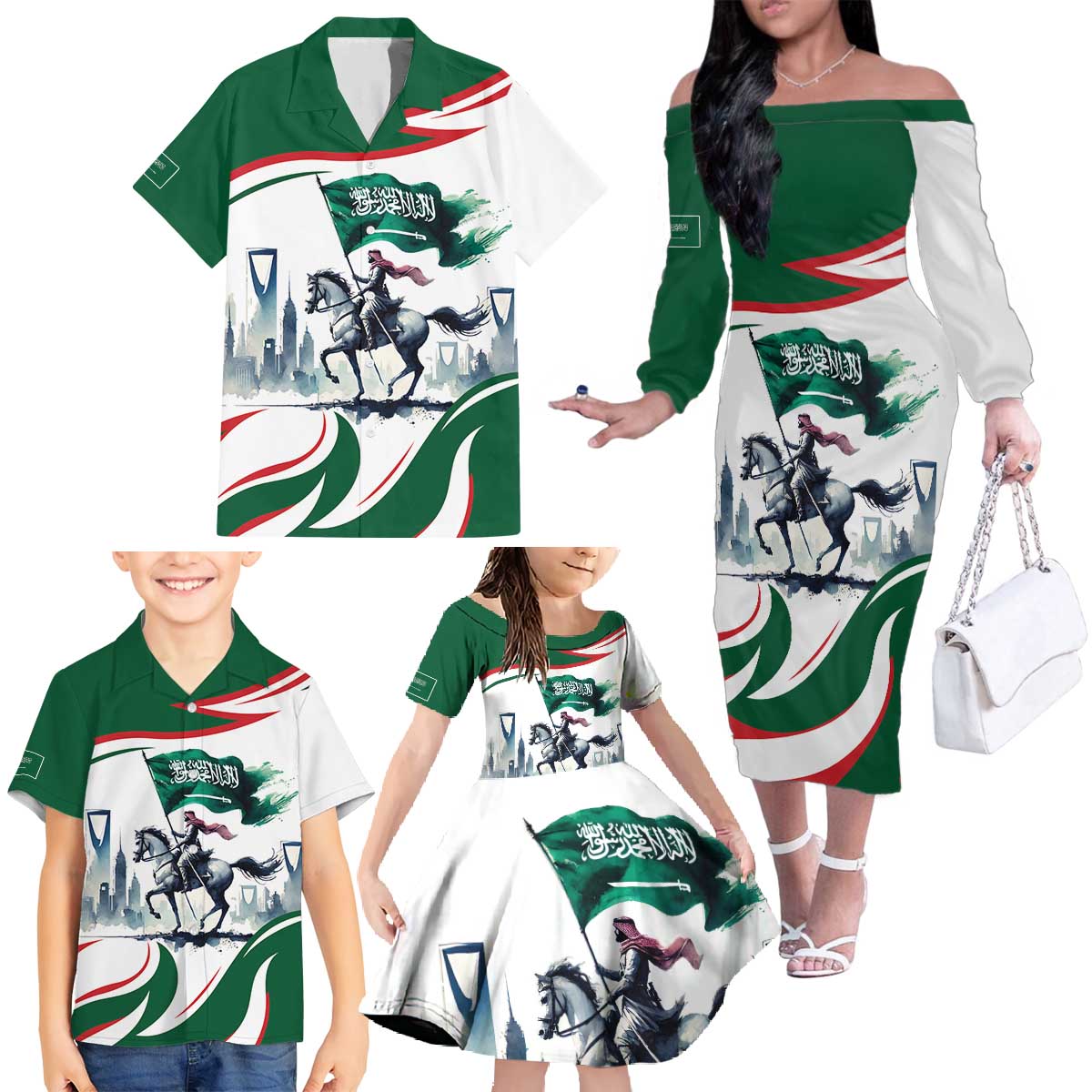 Saudi Arabia Horse Riders Family Matching Off The Shoulder Long Sleeve Dress and Hawaiian Shirt Arab Style - Wonder Print Shop