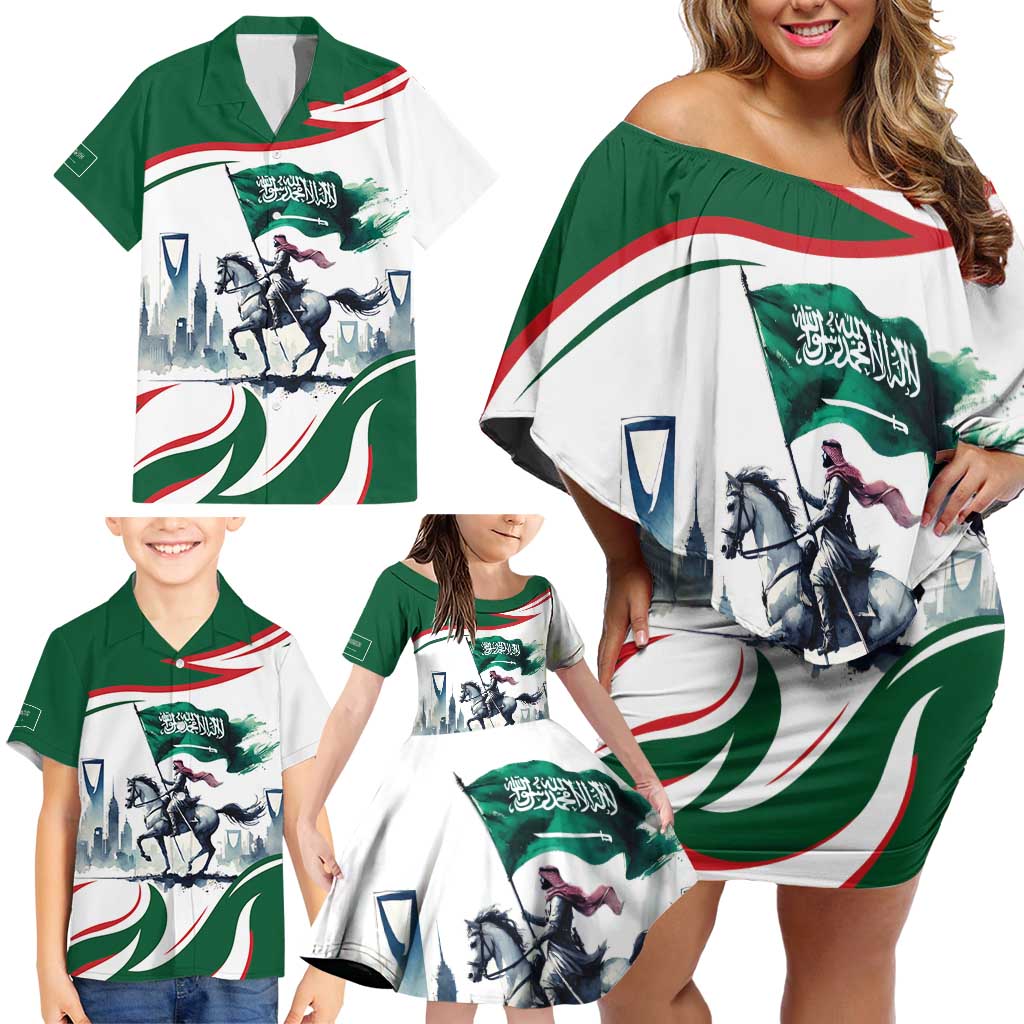 Saudi Arabia Horse Riders Family Matching Off Shoulder Short Dress and Hawaiian Shirt Arab Style - Wonder Print Shop