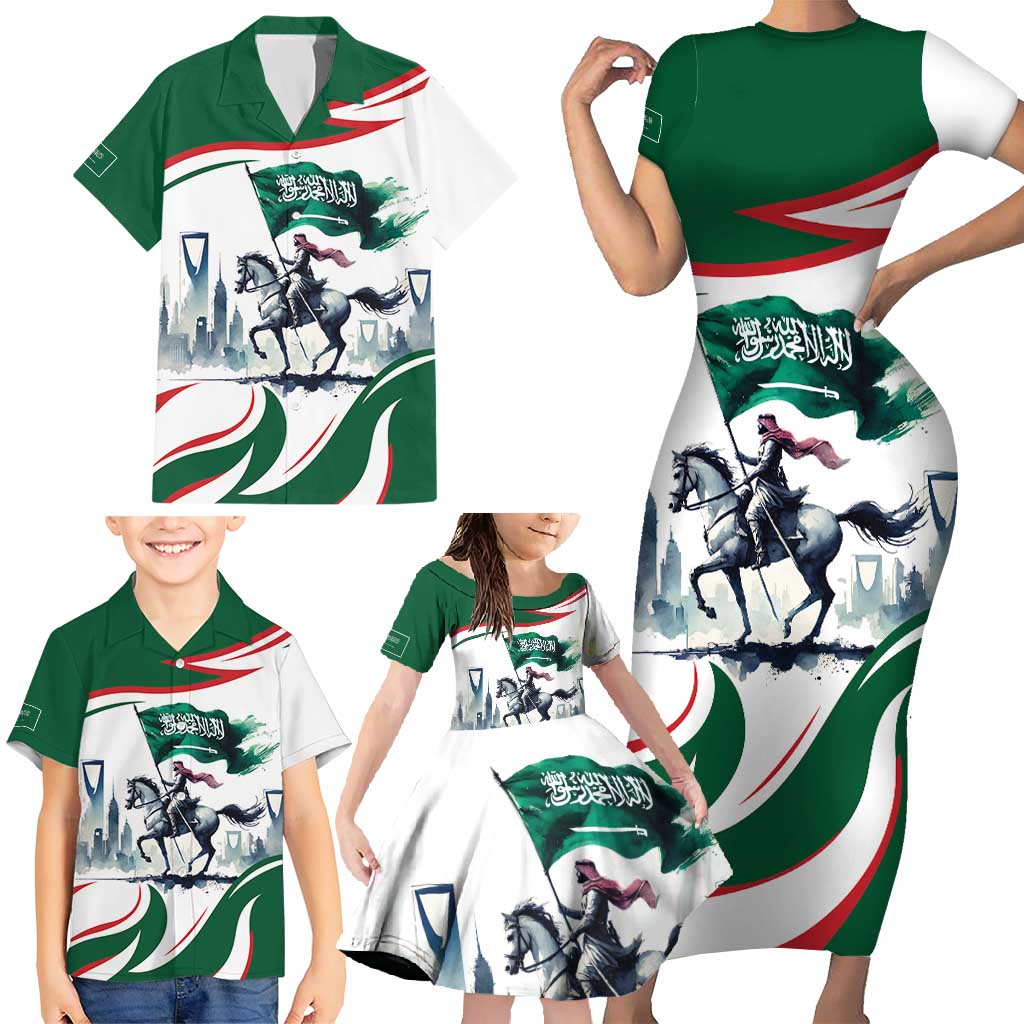 Saudi Arabia Horse Riders Family Matching Short Sleeve Bodycon Dress and Hawaiian Shirt Arab Style - Wonder Print Shop