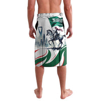 White shorts with green elastic waistband and horse-and-flag graphic