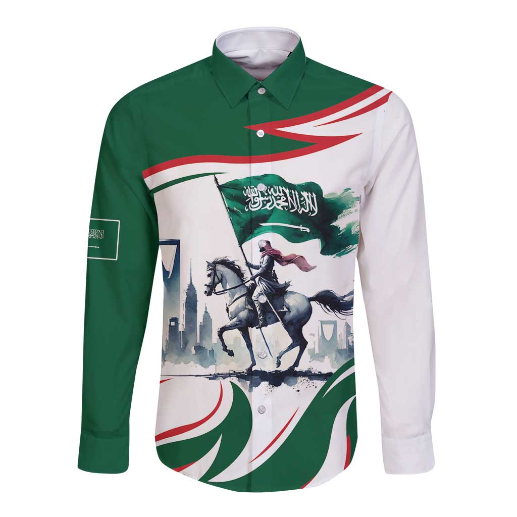 Green and white long-sleeve button shirt with Saudi flag horse rider print