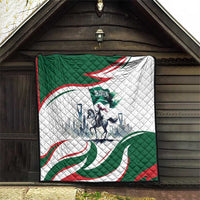 Green and white quilt with red accents, diamond stitching, and Arabian horse rider artwork