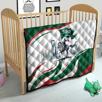 Green, white, and red quilt with quilted texture and horse rider print for kids