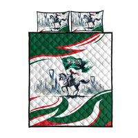 Quilt bed set with white, green, and red horse rider design and two square pillowcases