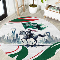 Round area rug with horse and rider artwork, green banner, and Arabic lettering