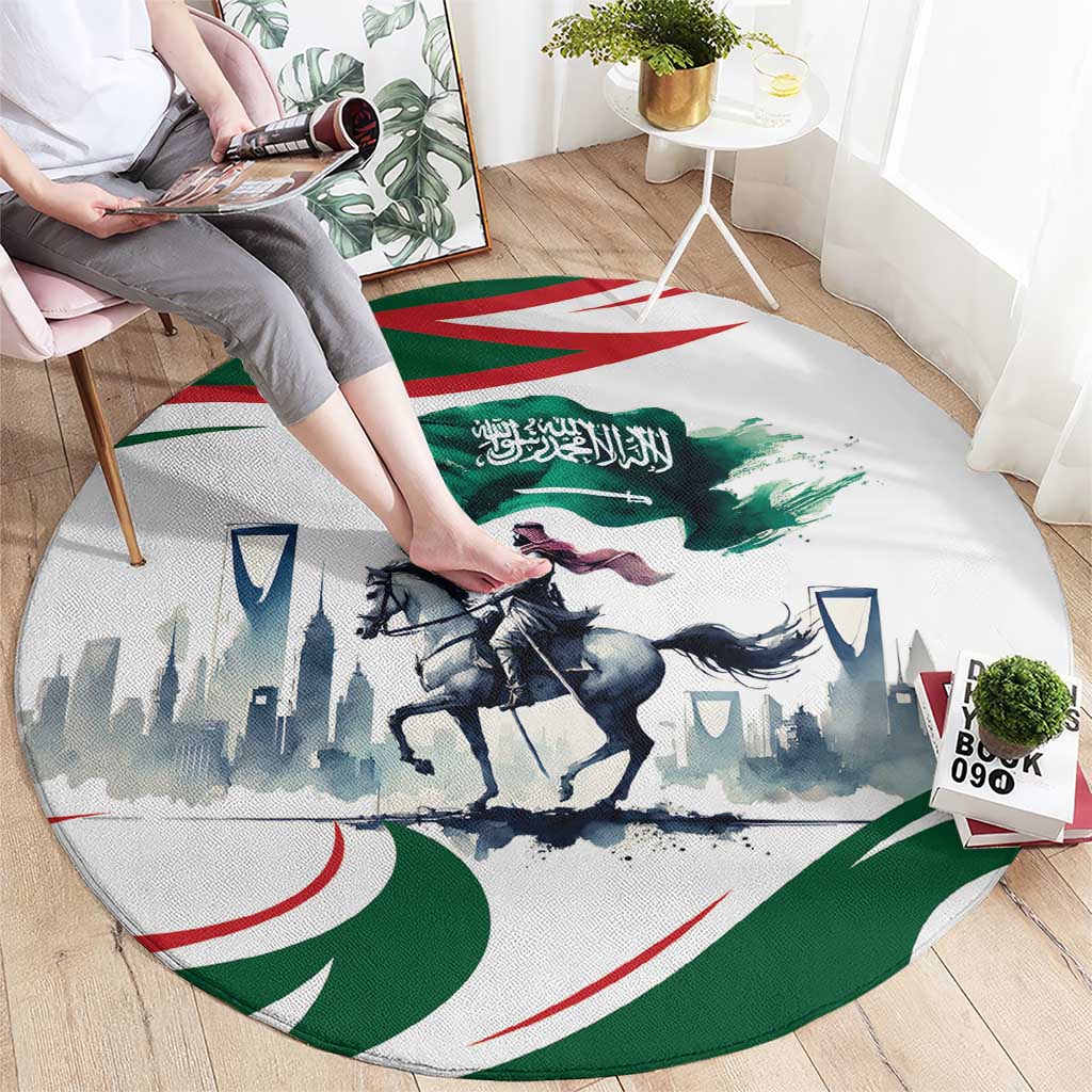 Round floor rug with horse rider design, green and red accents, and Arabic calligraphy