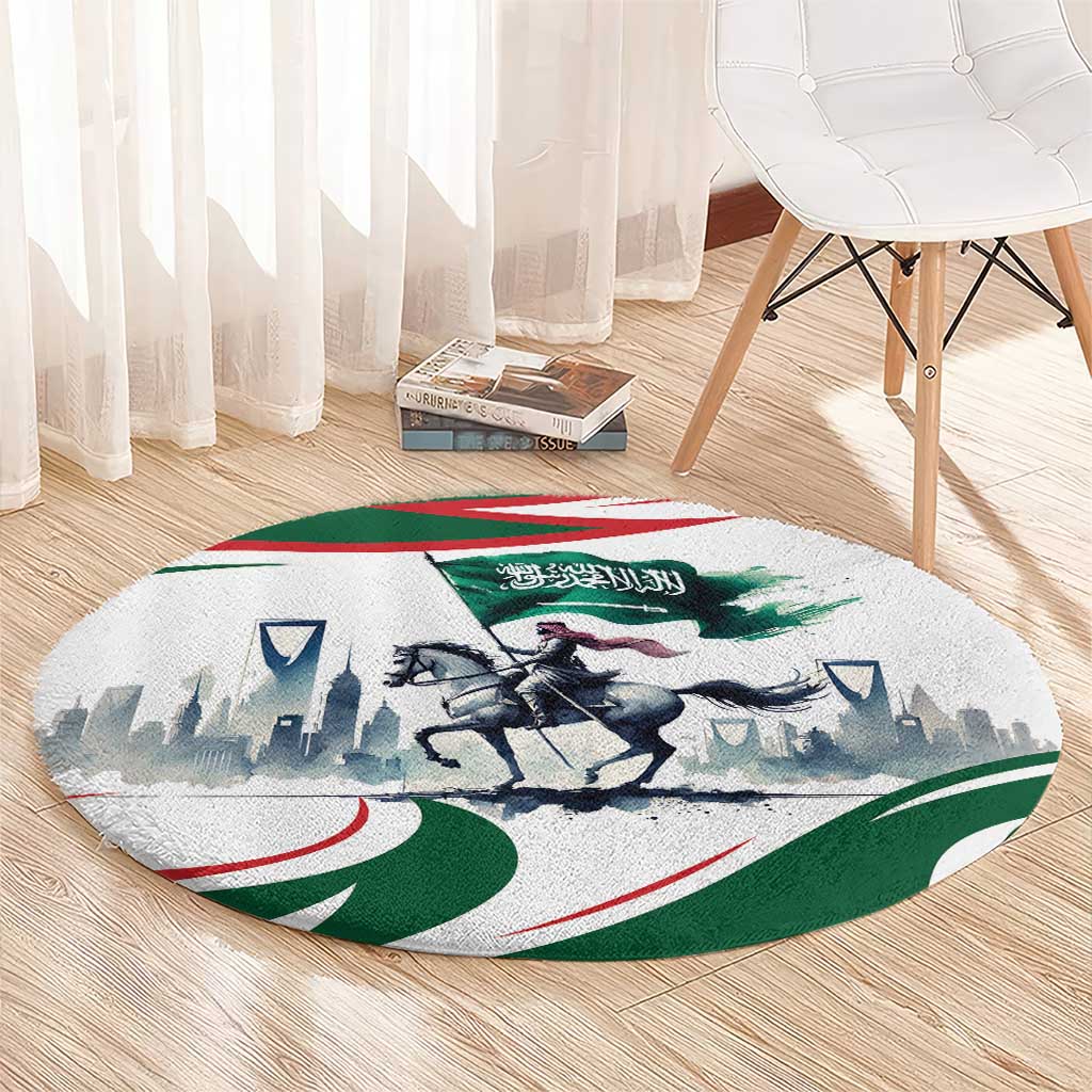 Round white and green rug featuring horse rider scene with Arabic calligraphy