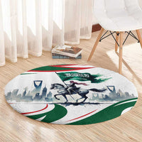 Round white and green rug featuring horse rider scene with Arabic calligraphy