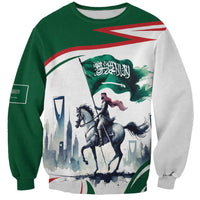 Green crewneck sweatshirt with horse rider and flag graphic on front panel