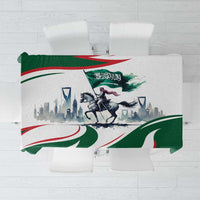 Green tablecloth with horse-rider scene and red/white/green curved border