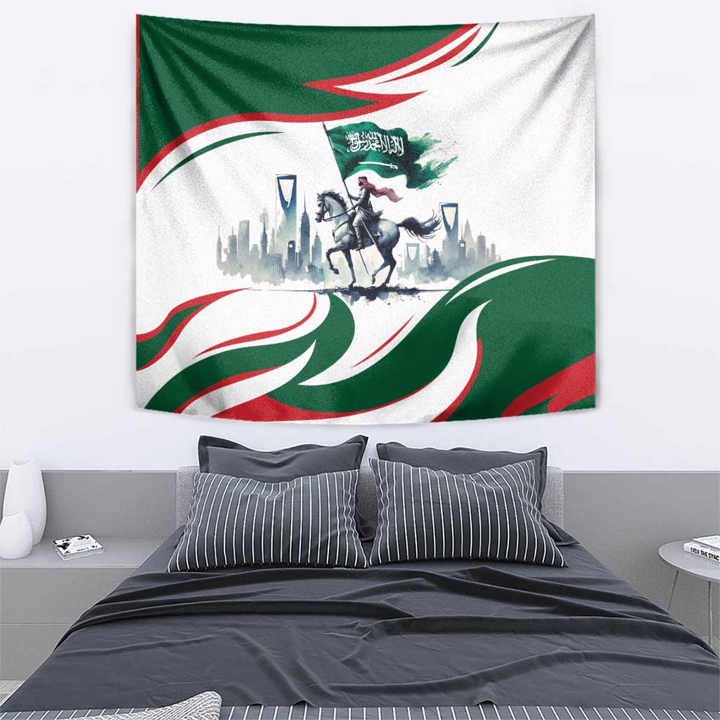 Green and white horse rider tapestry with Saudi flag waves and skyline scene above bed