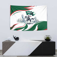 Green and white horse rider tapestry with Saudi flag waves and skyline backdrop