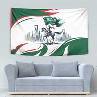 Green and white horse rider tapestry featuring Saudi flag waves and central horse figure