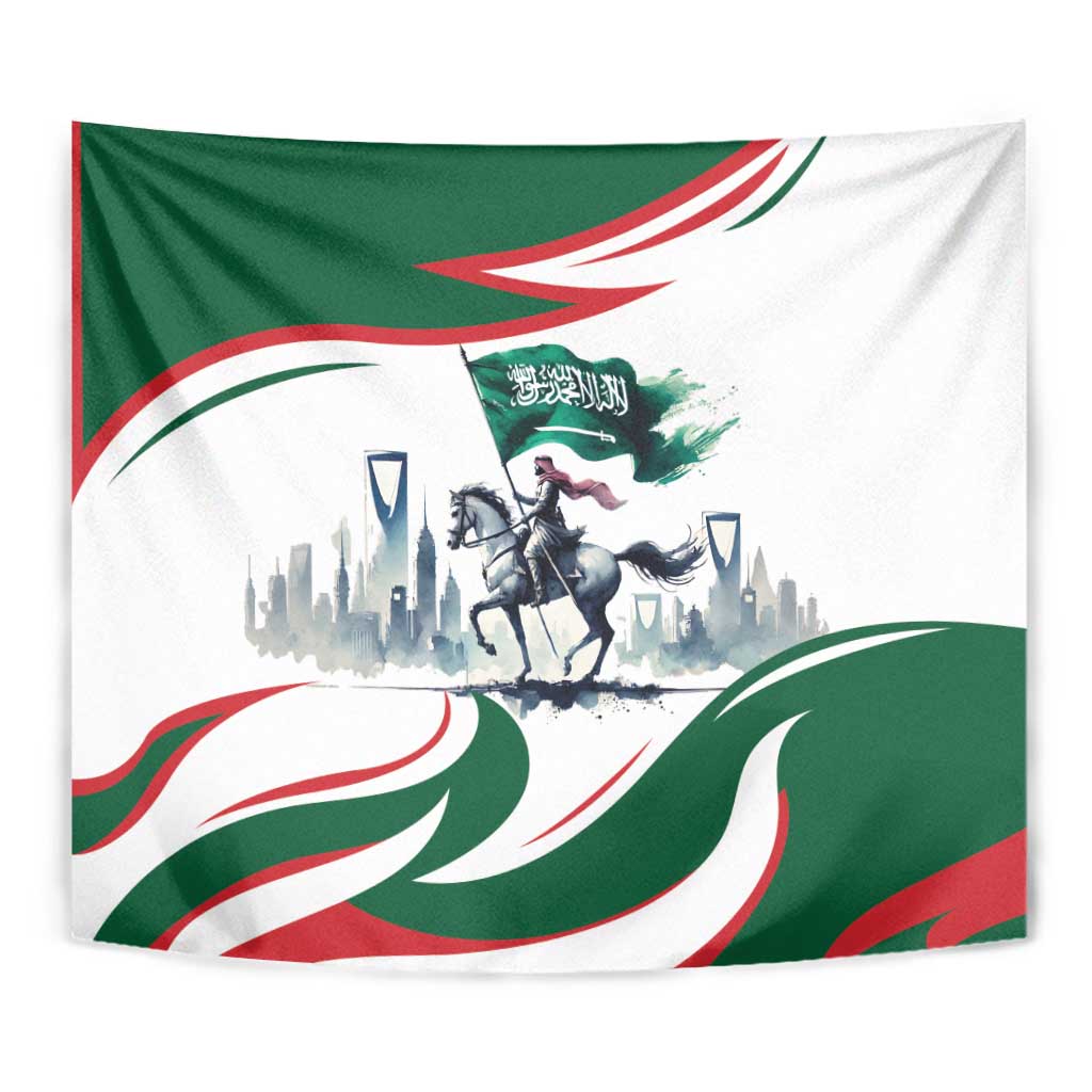 Green and white horse rider tapestry with Saudi flag waves, skyline, and Arabic text